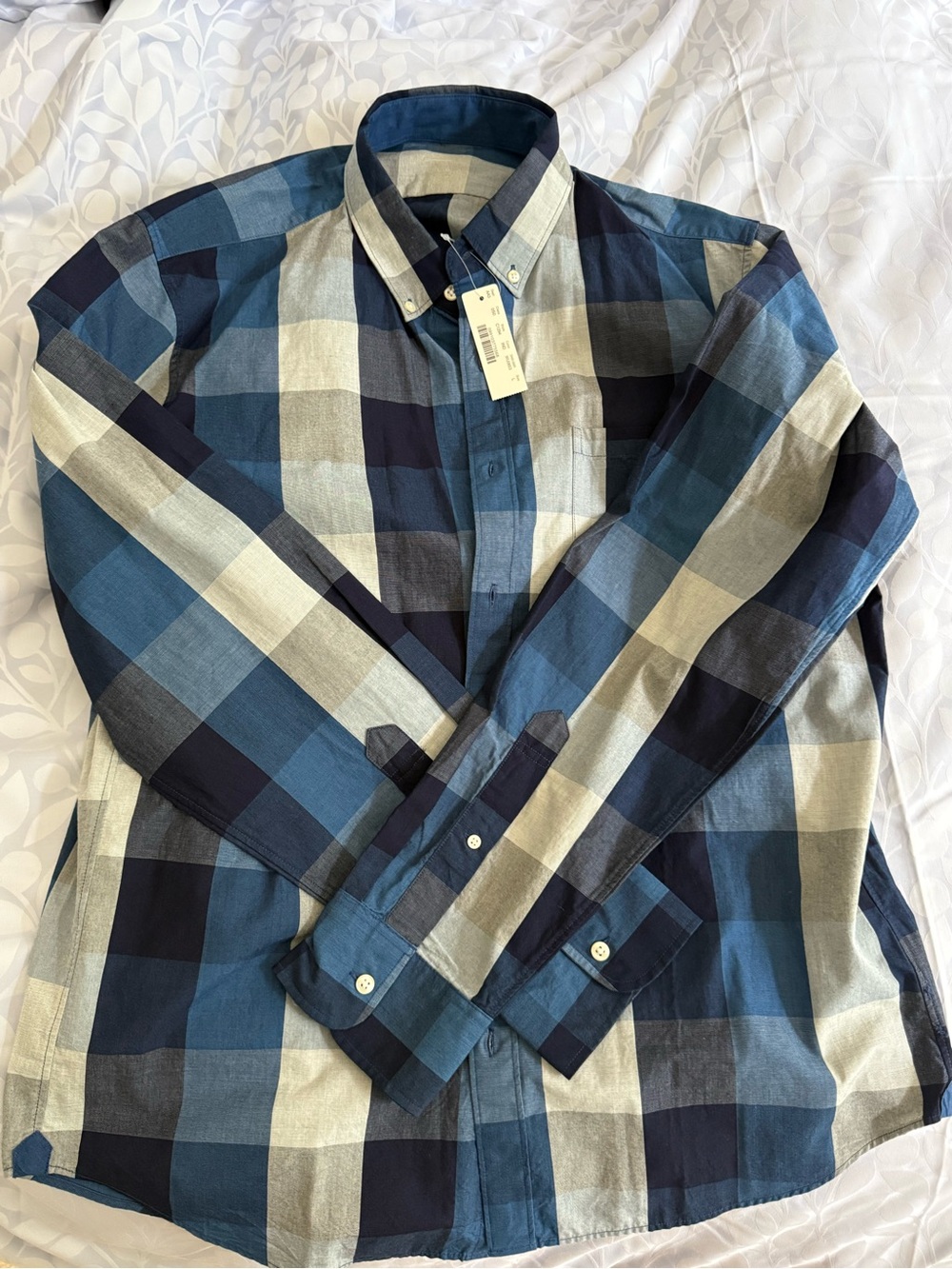 NWT Jcrew Men's Blue and Cream Plaid Button-Down Shirt size Large